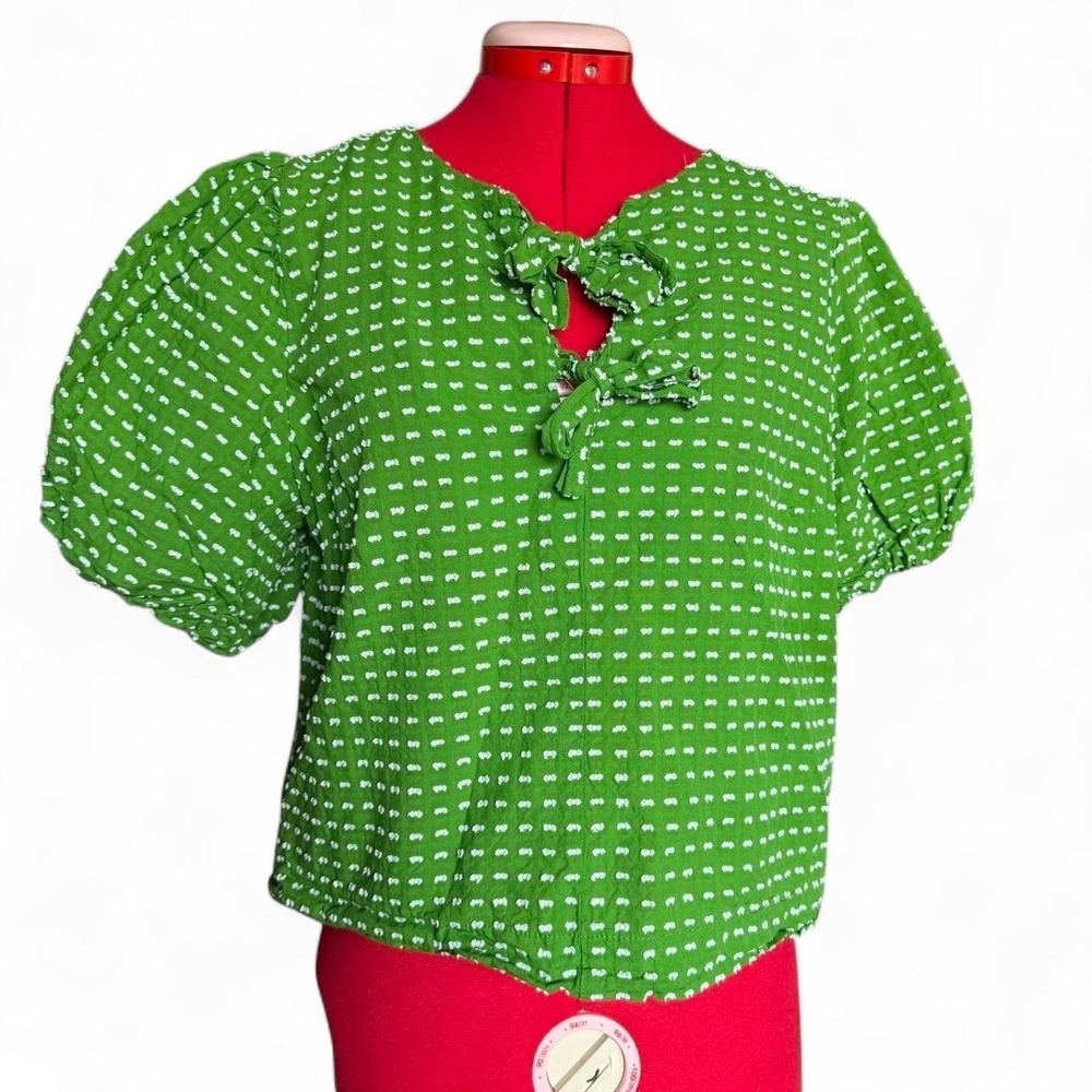 Kate Spade for Target Green Polka Dot Puff Sleeve Top Tie Details Size Medium